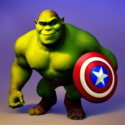 Image similar to digital painting of Shrek as Captain America, octane render, volumetric lightening, by marvel