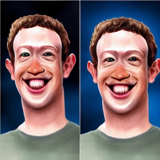 Image similar to concept art by a meme artist mark zuckerberg head of facebook with a mouth full of chimpanzee monkey teeth