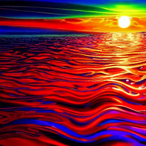 Prompt: supremely psychedelic ocean wave, water, ripples, backlit, sunset, refracted lighting, outdoors, elegant, highly detailed, lifelike, photorealistic, digital painting, artstation, illustration, smooth, sharp focus, psychedelic ocean art