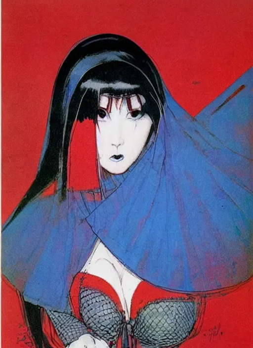 Image similar to portrait of heavyset korean vampiress, jeweled veil, blue and red, strong line, saturated color, beautiful! coherent! by frank frazetta, high contrast, minimalism