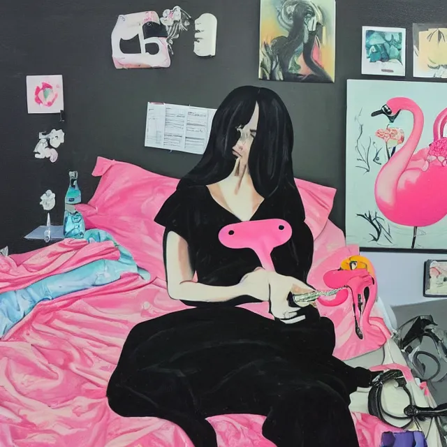 Image similar to a portrait in a female artist's bedroom, black walls, emo girl riding an inflatable flamingo, sheet music, berries, surgical supplies, pancakes, black flowers, sensual, octopus, neo - expressionism, surrealism, acrylic and spray paint and oilstick on canvas