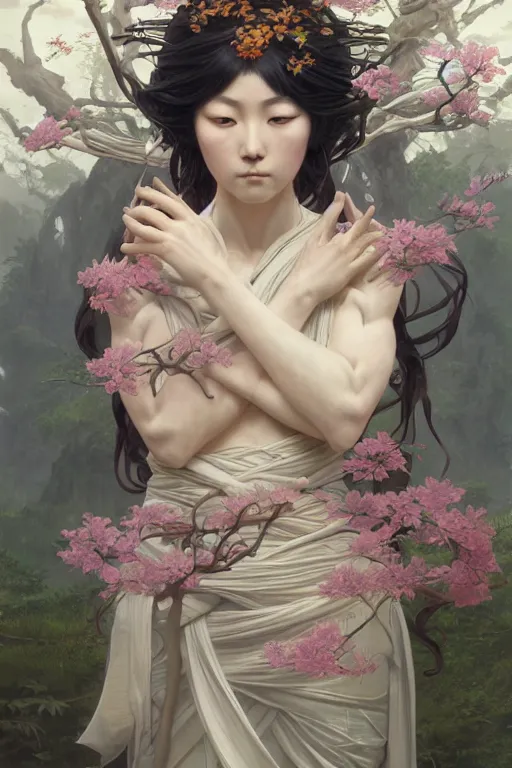 Image similar to Japanese goddess of nature, accurate anatomy, only two hands, highly detailed, digital painting, artstation, concept art, smooth, sharp focus, illustration, Unreal Engine 5, 8K, art by Ross Tran and greg rutkowski and alphonse Mucha