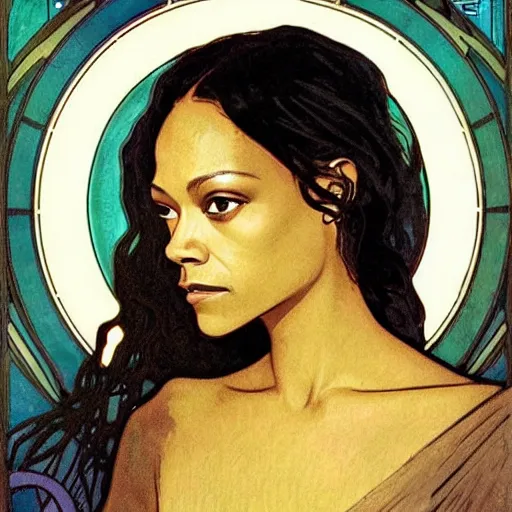 Image similar to zoe saldana portrait by louis - theophile hingre and alphonse mucha, realistic, sharp focus, zodiac signs, tarot cards, planets, ethereal, art nouveau, magic, moon, sun, crown, dreamy, royal, jewellery