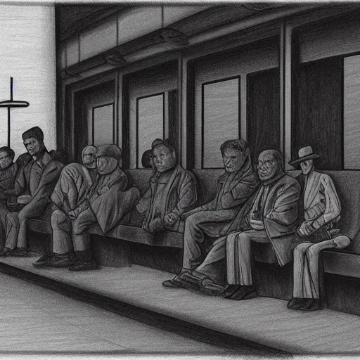 Image similar to a drawing of some people waiting in a lone bus stop in qiet dark city by George Tooker, dark and dim, moody, sinister, lighting, 8k render, hyperrealistic