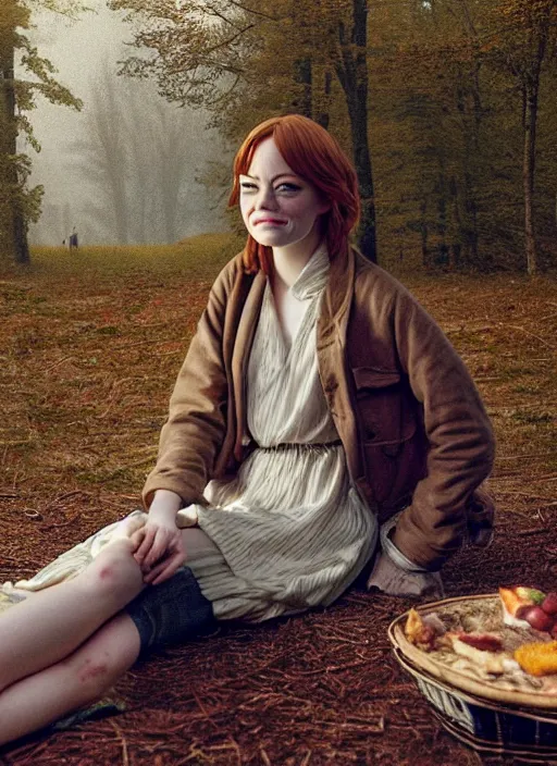 Image similar to portrait bust of emma stone having a picnic with tom holland, solemn expression, faded color film, russian cinema, tarkovsky, kodachrome, old cabin, next to window, heavy forest outside, long brown hair, old clothing, heavy fog, hudson river school, 4 k, dramatic lighting, greg rutkowski