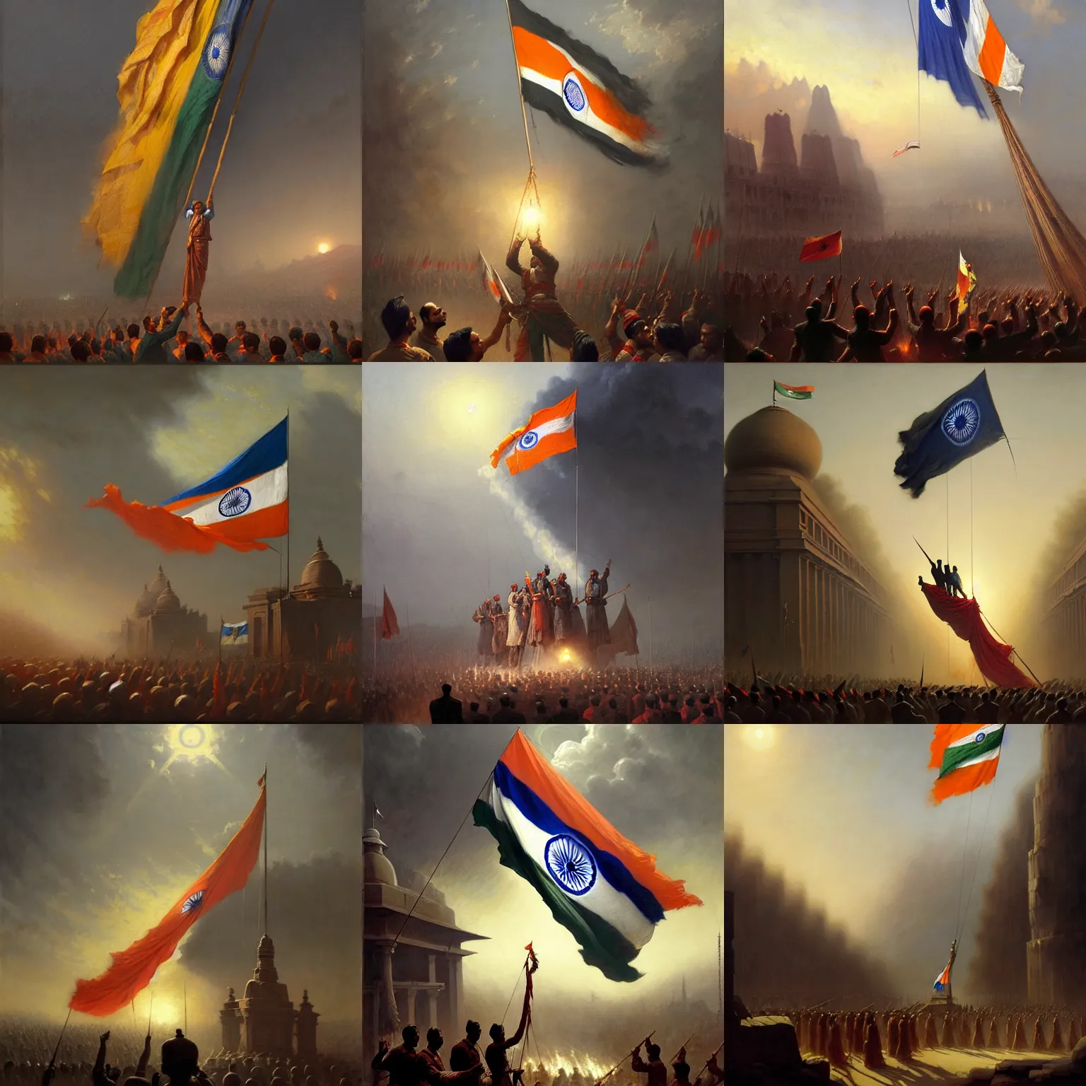 Prompt: a cinematic dramatic scene of indian freedom fighters hoisting a colossal indian flag. oil on canvas, by carl gustav carus, by noriyoshi ohrai, by greg rutkowski, trending on artstation, featured on pixiv, masterpiece, cinematic composition, brilliant lighting, highly detailed, hd, 8 k