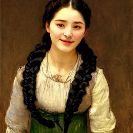 Prompt: a ((sadly)) (((smiling)))) black haired, young hungarian servantmaid from the 19th century who looks very similar to (((Lee Young Ae and Lee Young Ae))) with a two french braids, detailed, soft focus, realistic oil painting by John Everett Millais, Manet, Munkácsy, Csók István, and da Vinci