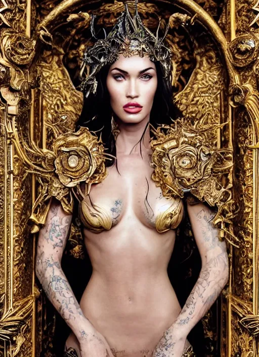 Prompt: a portrait of megan fox by stefan geselle and nekro borja, photorealistic, intricate details, hyper realistic, fantasy, elegant, baroque gold headpiece, photorealistic, canon r 3, photography, wide shot, symmetrical features, symmetrical pose, wide angle shot, head to toe, standing pose, feet on the ground, wearable art