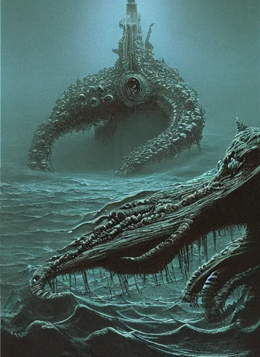 Image similar to a giant lovecraftian sea creature destroying an underwater city by beksinski