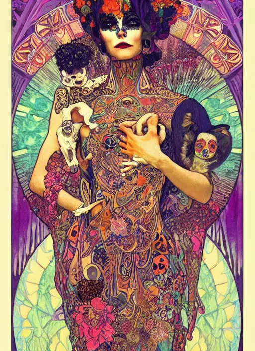 Prompt: psychedelic poster art of a cute punk goth fashion fractal Día de los Muertos tattooed girl holding a sphynx by Victor Moscoso Rick Griffin Alphonse Mucha Gustav Klimt Ayami Kojima Amano Charlie Bowater, masterpiece