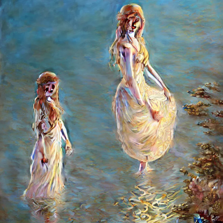 Image similar to highly detailed portrait of a barefoot white skirt girl stand on the water, water surface reflection, the calm sea level, gold filigree, romantic storybook fantasy, soft cinematic lighting, award, disney concept art watercolor illustration by mandy jurgens and alphonse mucha and alena aenami, pastel color palette, featured on artstation