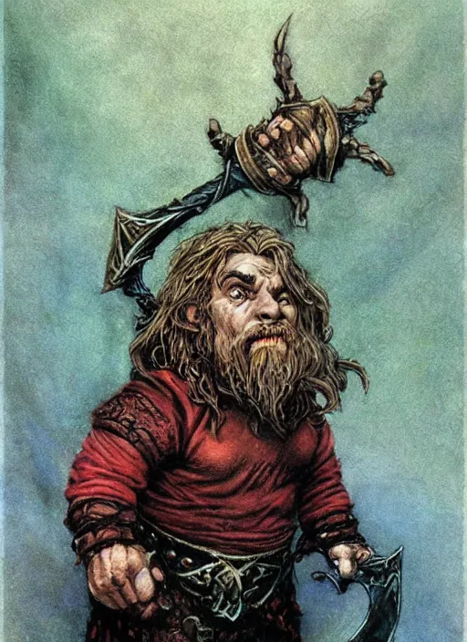 Image similar to portrait of dwarf sorcerer, beautiful! coherent! dungeons and dragons character, by brian froud, larry elmore, gerald brom, ralph horsley strong line, deep color, chainmail, short red hair, high contrast