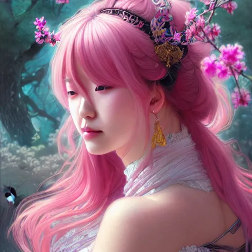 Image similar to Portrait of japanese gyaru, D&D, dark fantasy, pink hair, sakura blooming on background, intricate, elegant, highly detailed, digital painting, artstation, concept art, smooth, sharp focus, illustration, art by artgerm and greg rutkowski and alphonse mucha