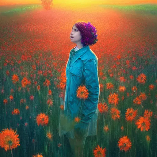 Image similar to girl with a flower face, surreal portrait photography, dreamlike, standing in flower field, in a valley, sunrise dramatic light, impressionist painting, colorful clouds, artstation, simon stalenhag