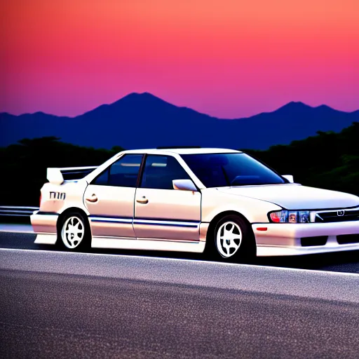 Image similar to a car drifting Toyota JZX100 in middle of road, gunma prefecture, city sunset, cinematic color, photorealistic, highly detailed, bokeh