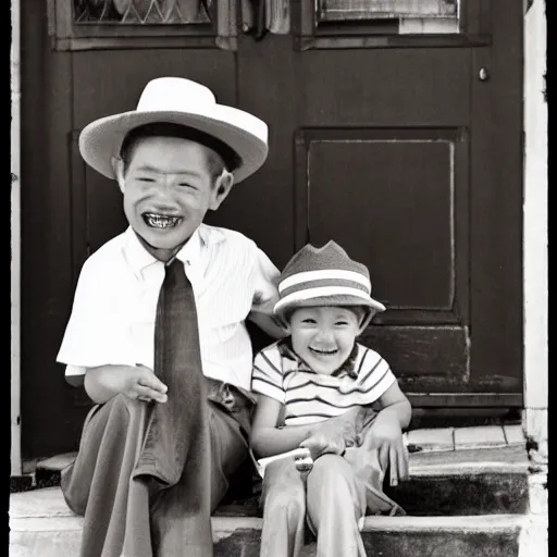 Prompt: An old man wearing a straw hat sitting on the stoop smiling at a happy four year old boy who sits next to him. 1950s, Americana, vintage, black and white, Ian Berry.