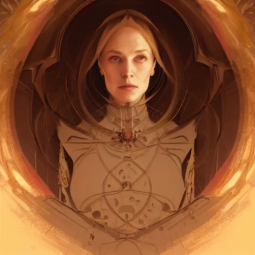 Image similar to portrait, female bene gesserit, bee keeper, d & d, fantasy, intricate, elegant, highly detailed, digital painting, artstation, concept art, matte, sharp focus, illustration, art by artgerm and greg rutkowski and alphonse mucha