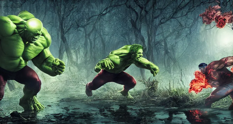 Image similar to Marvel Comics The Psycho Juggernaut Battles The Biomechanical Hulk In A Misty Swamp, bats, sunset, volumetric lighting, hyperrealistic, beautiful details, HDR, octane render, action shot, wide angle, bokeh, Yasushi Niarasawa Moebius Jim Steranko Style