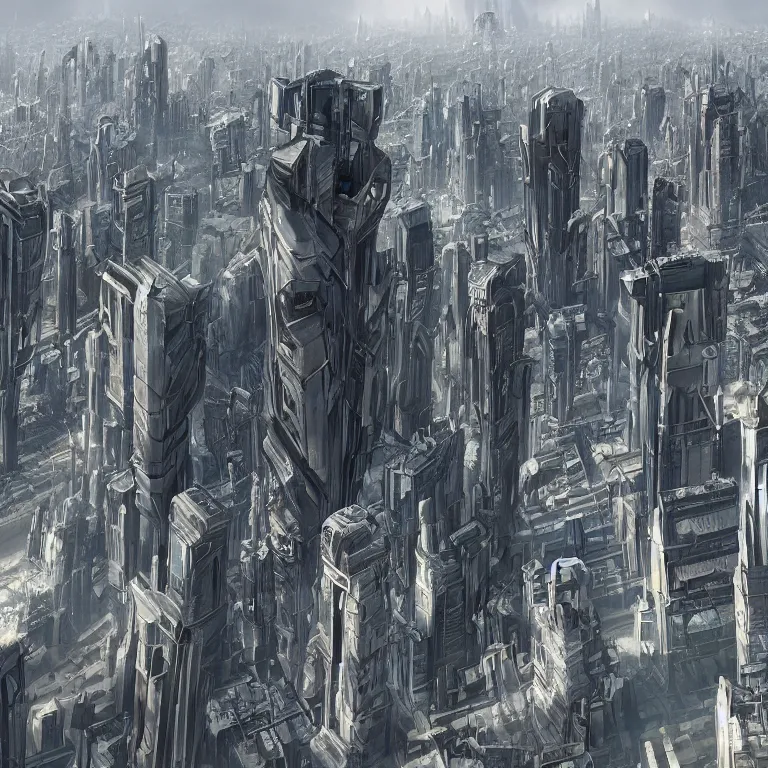 Prompt: matte painting of a wide angle shot of a huge sprawling sci - fi city with giant skyscrapers and megastructures