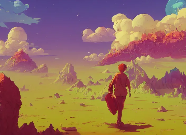 Image similar to psychedelic concept art of a lanscape made of baked beans, cel shaded, in the style of makoto shinkai and moebius and peter mohrbacher and anton fadeev