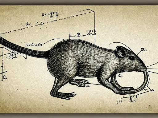 Image similar to highly detailed blueprint, technical drawing of a rat, schematic, pencil, sepia, old paper, art by da vinci