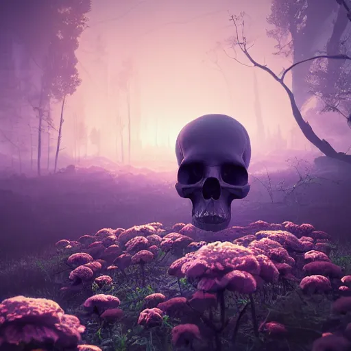 Image similar to beautiful dark landscape, justin sun skull head, beautiful flowers growing, in the style of beeple and mike winkelmann, intricate, epic lighting, cinematic composition, hyper realistic, 8 k resolution, unreal engine 5, raytracing, reflections, ultraviolet colors