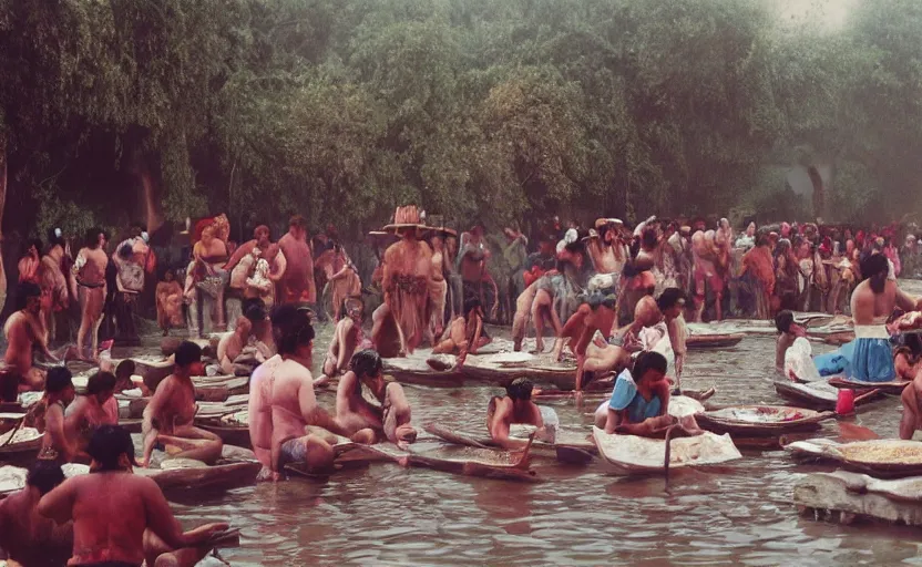 Prompt: a misteriuos colored old film photography of people doing an aztec ritual, xochimilco river, hazy, humid, photorealistic,