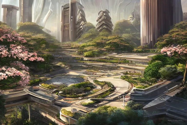 Prompt: futuristic cyberpunk city, advance civilization, luxurious streets, with lush Italian sakura garden located on Waimea canyon in Kauai, Pamukkale, beautiful smooth sandstone in unique shapes with light beams that shine through its walls, striated swirling finish, white travertine terraces, digital painting, concept art, smooth, sharp focus, from Star Trek 2021, illustration, by WLOP and Ruan Jia and Mandy Jurgens and William-Adolphe Bouguereau, Artgerm