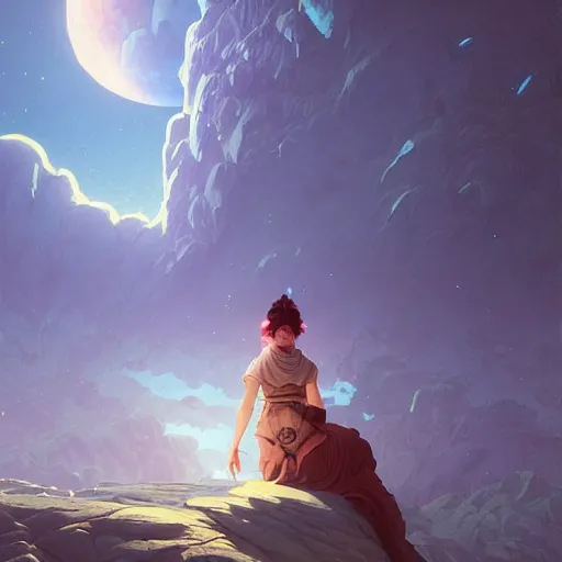 Image similar to highly detailed painting of the moon, unreal engine, fantasy art by greg rutkowski, loish, rhads, ferdinand knab, makoto shinkai and lois van baarle, ilya kuvshinov, rossdraws, tom bagshaw, alphonse mucha, global illumination, radiant light, detailed and intricate environment