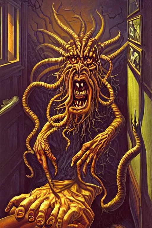 Prompt: classic oil painting, an eldritch troll with huge claws that is hiding under the bed, as a dnd character, inside a cluttered bedroom, cottagecore, highly detailed, digital illustration, concept art, smooth, sharp focus, art by tim hildebrandt, and alex grey