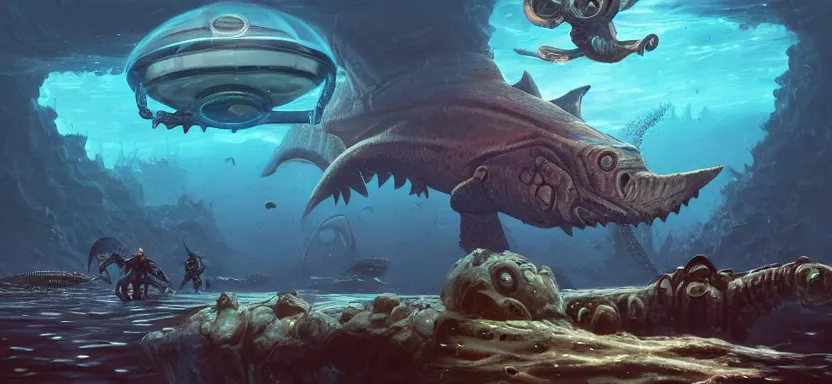 Prompt: tactical diver carrying a large prehistoric egg being chased by an alien leviathan surrounded by strange sunken ruins, in the style of subnautica and bioshock, a digital illustration by by jordan grimmer, trending on artstation, ray tracing on, unreal engine