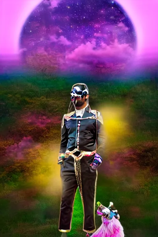 Image similar to Ethereal safari landscape with a pink rainbow sky under a god moonstone, black leather and embroidered Lolita dapper bespoke avant-garde tuxedo in velvet, black and gold rich color, dramatic cinematic lighting, featured on Artstation, extremely detailed by Lisa Frank