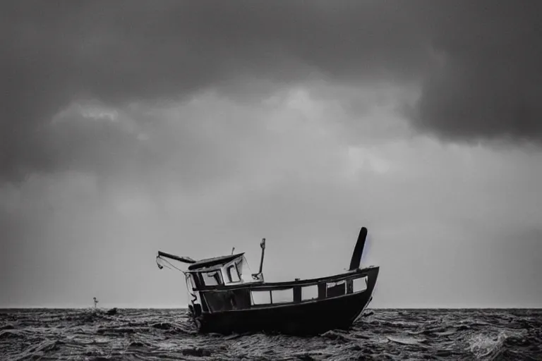 Prompt: a black and white photo of a tiny fishing boat overwhelmed by huge waves, broiling seas, an album cover by hallsteinn sigurðsson, trending on behance, optical illusion, chillwave, concert poster, poster art, geometric
