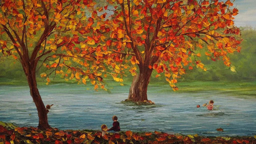 Image similar to A beautiful oil painting of a single tree, the tree is in the rule of thirds, a family is under the tree having a picnic, the kids are playing in the river and the dog is running through the river splashing the water, the fall has arrived and the leafs started to become golden and red, the river is flowing its way, the river has lots of dark grey rocks, oil painting by Greg Rutkowski