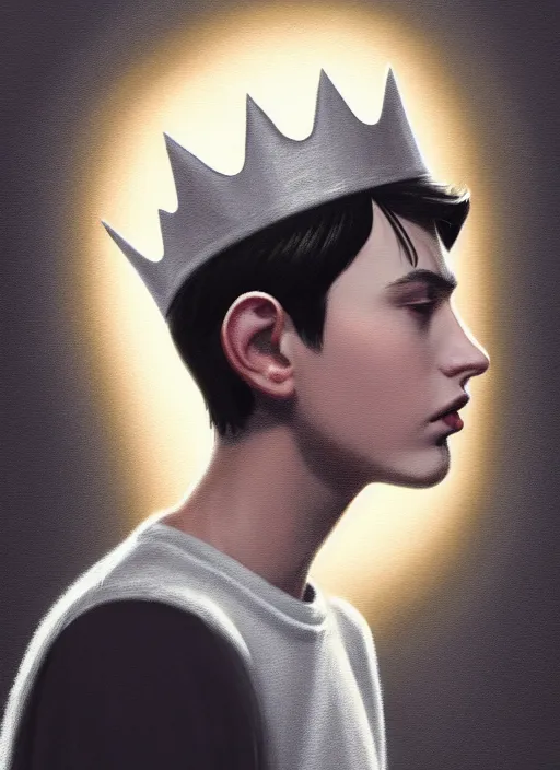 Image similar to portrait of teenage jughead jones wearing a light grey crown, crown, hamburger background, eyes closed, crown, black hair, intricate, elegant, glowing lights, warm lighting, highly detailed, digital painting, artstation, concept art, smooth, sharp focus, illustration, art by wlop, mars ravelo and greg rutkowski