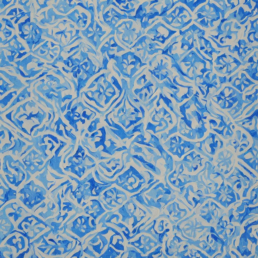 Prompt: a impasto oil painting of beautiful, symmetric indian pattern, blue! and white colors, ultra high details, symmetry, large hexagons!! shapes