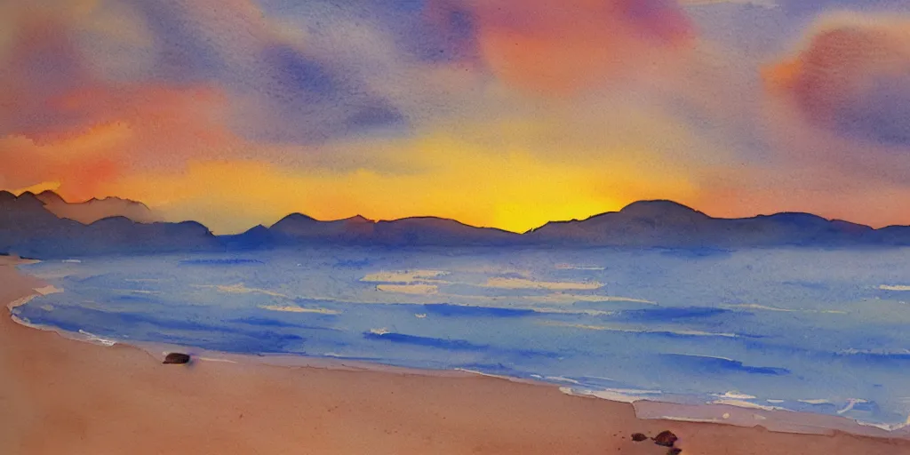 Prompt: tata beach, golden bay new zealand, abel tasman, amazing sunset watercolor painting, trending on artstation