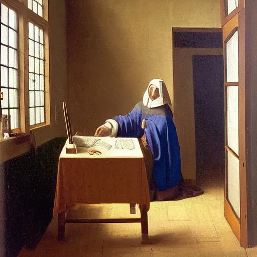 Image similar to An oil painting of a man sat at an escritoire desk with his hand touching an ammonite fossil, there is a window with muntins to his left and a wood closet behind him, in the style of The Astronomer by Vermeer, Dutch Golden Age, Old Masters