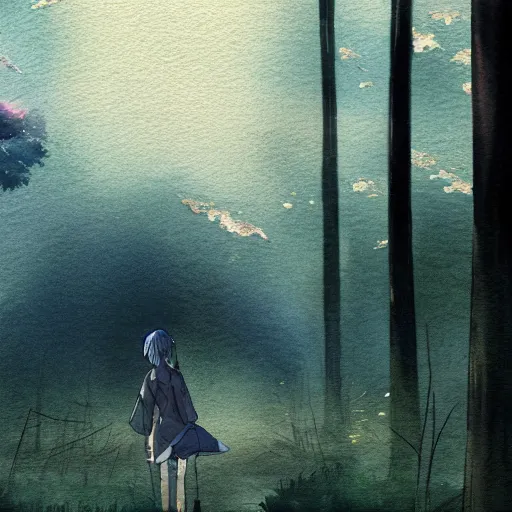 Prompt: anime, incredible wide screenshot, ultrawide, simple watercolor, rough paper texture, ghost in the shell movie scene, girl in a dress walking through the beautiful forest, outdoors, fireflies!!!, fog, dust