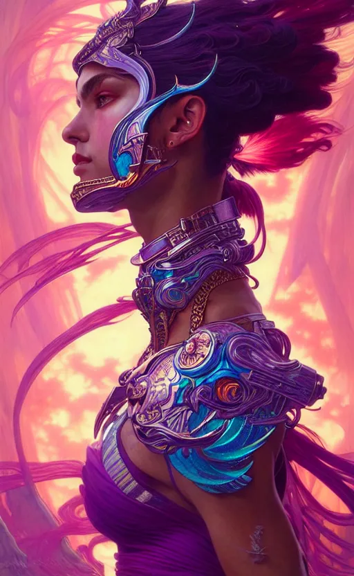 Prompt: hyper detailed ultra sharp of a beautiful warrior girl. trending on artstation, vaporwave aesthetic, synthwave, colorful, psychedelic, ornate, intricate, digital painting, concept art, smooth, sharp focus, illustration, art by artgerm and greg rutkowski and alphonse mucha, 8 k
