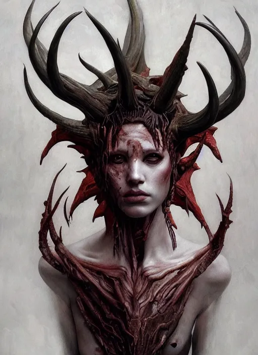 Image similar to half demon half human intricate skin pattern texture, elegant, peaceful, full body, white horns, hyper realistic, extremely detailed, dnd character art portrait, dark fantasy art, intricate fantasy painting, dramatic lighting, vivid colors, deviant art, artstation, by edgar maxence and caravaggio and michael whelan and delacroix.