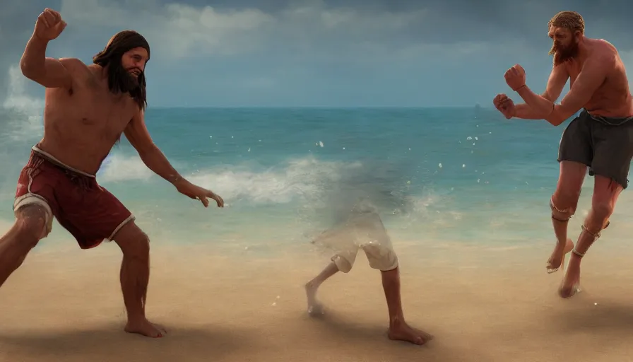 Image similar to jesus christ fighting a blind man on the beach, hyperrealistic, 8k, artstation, cgsociety