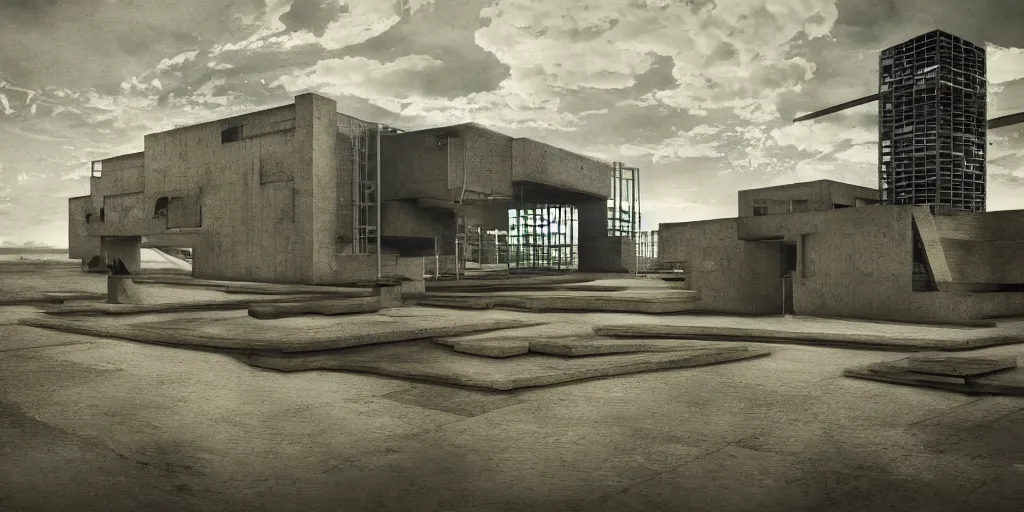 Image similar to le corbusier building and Mies van der rohe wrok in the same fantasy world photo inspired by Where weird things happen by Daniele Gay on art station and inspired by Mining by Risa lin on art station