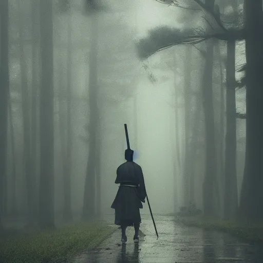 Image similar to a samurai walks alone through the woods at rainy noon, gloomy, foggy, ominous, dark color, rainy, atmospheric, cinematic lighting, intricate detail?