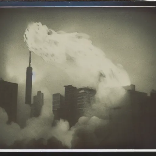 Prompt: polaroid photo of a fire breathing dragon destroying tokyo.