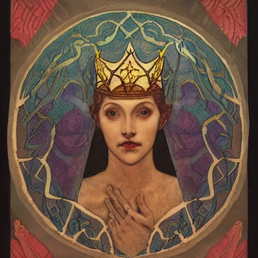 Image similar to the lantern crown, by Annie Swynnerton and Nicholas Roerich and (((Edmund Dulac))), embroidered brocade, tattoos, elaborate costume, geometric ornament, symbolist, rich colors, dramatic lighting, smooth, sharp focus, extremely detailed