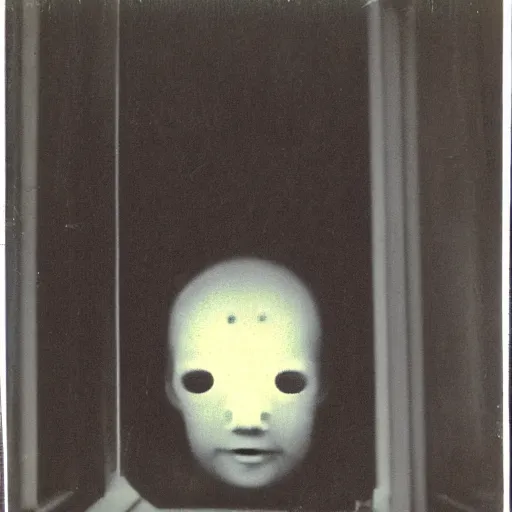 Prompt: dark room with a face peering through the window, distuburbing, horror, nightmare, terrifying, surreal, nightmare fuel, old polaroid, blurry, expired film, lost footage, found footage,