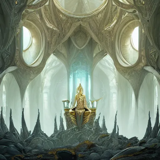 Prompt: the throne room of an elven castle, very sofisticated, marble and gold, by peter mohrbacher and dan mumford and nekro, cgsociety, volumetric light, 3 d render