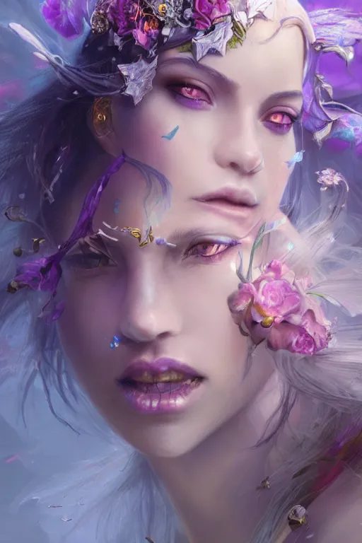 Image similar to face closeup of extremely beautiful girl necromancer, magical fairy flowers and ice velvet, diamonds, angels, 3 d render, hyper - realistic detailed portrait, holding fire and electricity rainbow, ruan jia, wlop. scifi, fantasy, magic the gathering, hyper detailed, octane render, concept art, peter mohrbacher