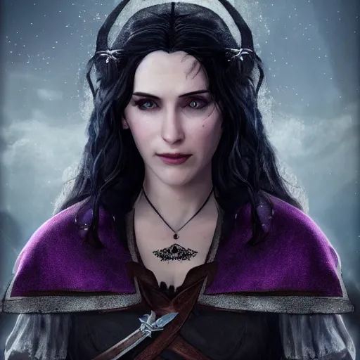 Image similar to yennefer from the netflix witcher as a medieval fantasy tolkien elf, dark purplish hair tucked behind ears, wearing a fur lined collar, wide face, muscular build, scar across the nose, cinematic, character art, 8 k detailed.